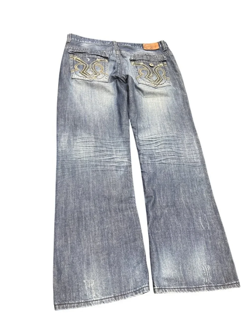 Helix mens blue denim embroided boot cut jeans sz 38x32 SKU 10-548